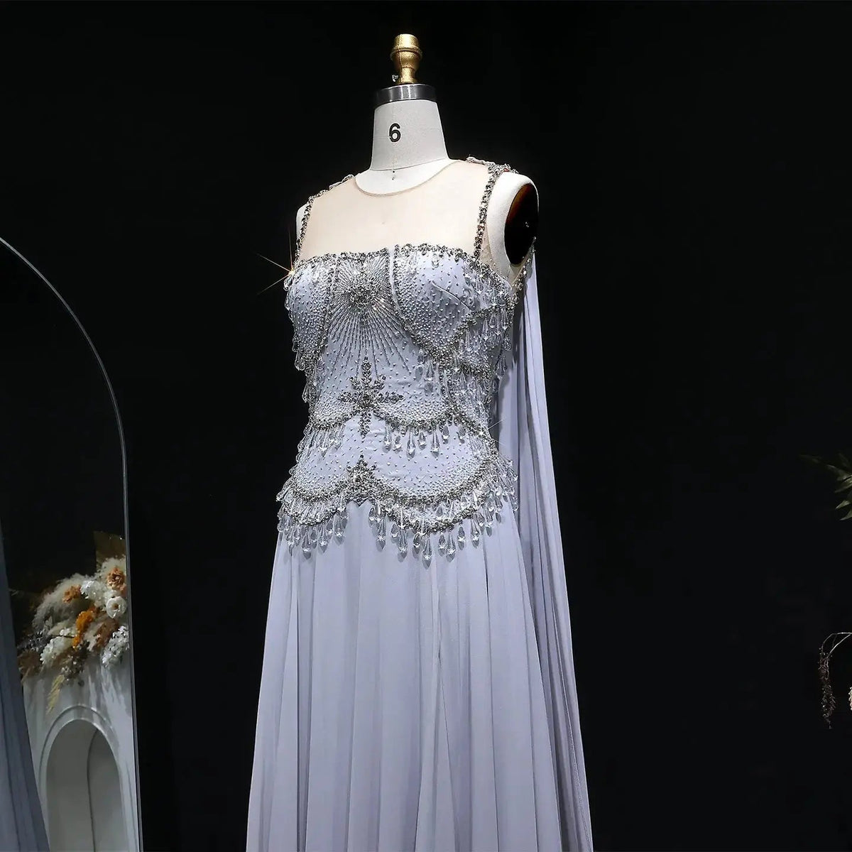 Elegant Silver Gold Large Crystal Evening Dress with Cap SS517