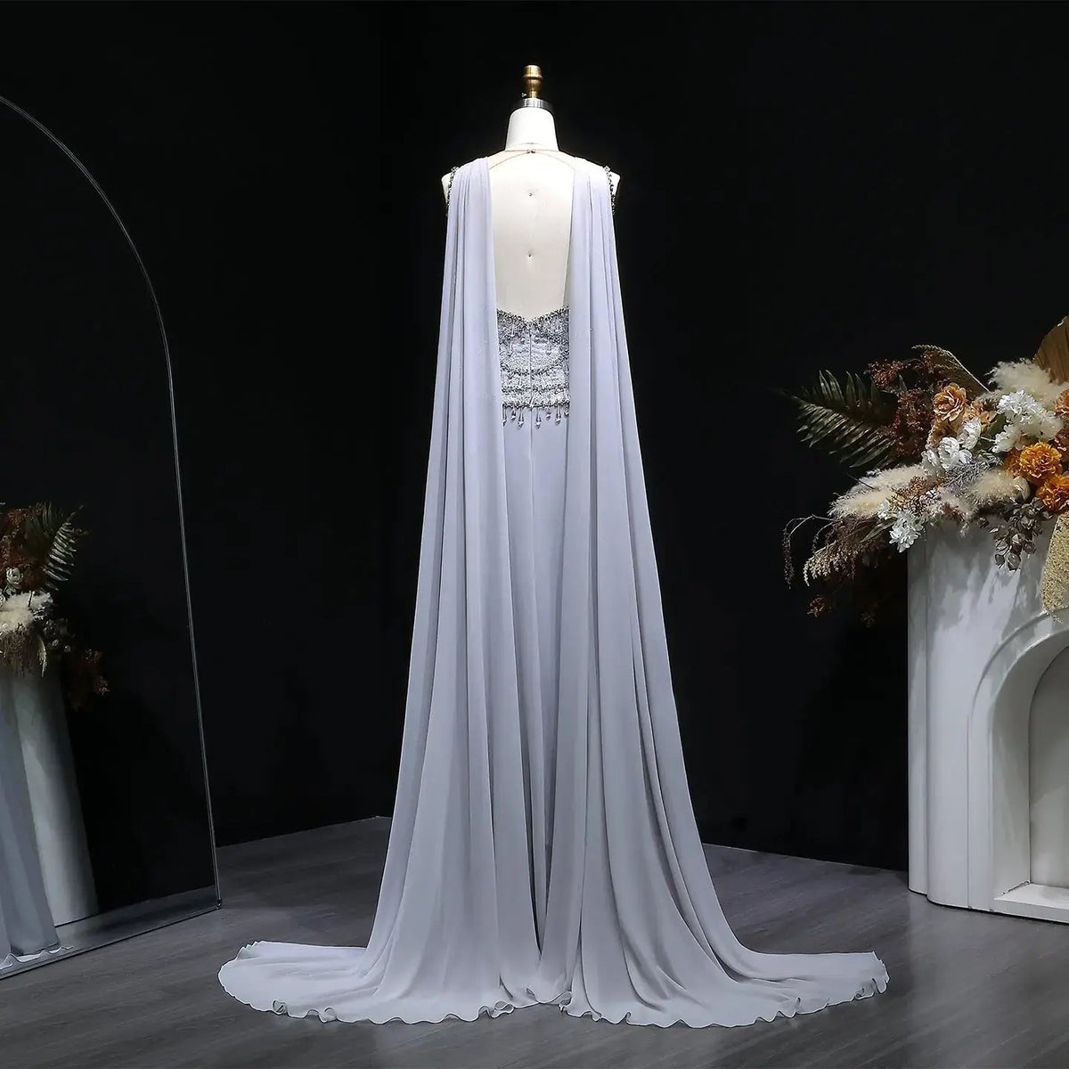 Elegant Silver Gold Large Crystal Evening Dress with Cap SS517