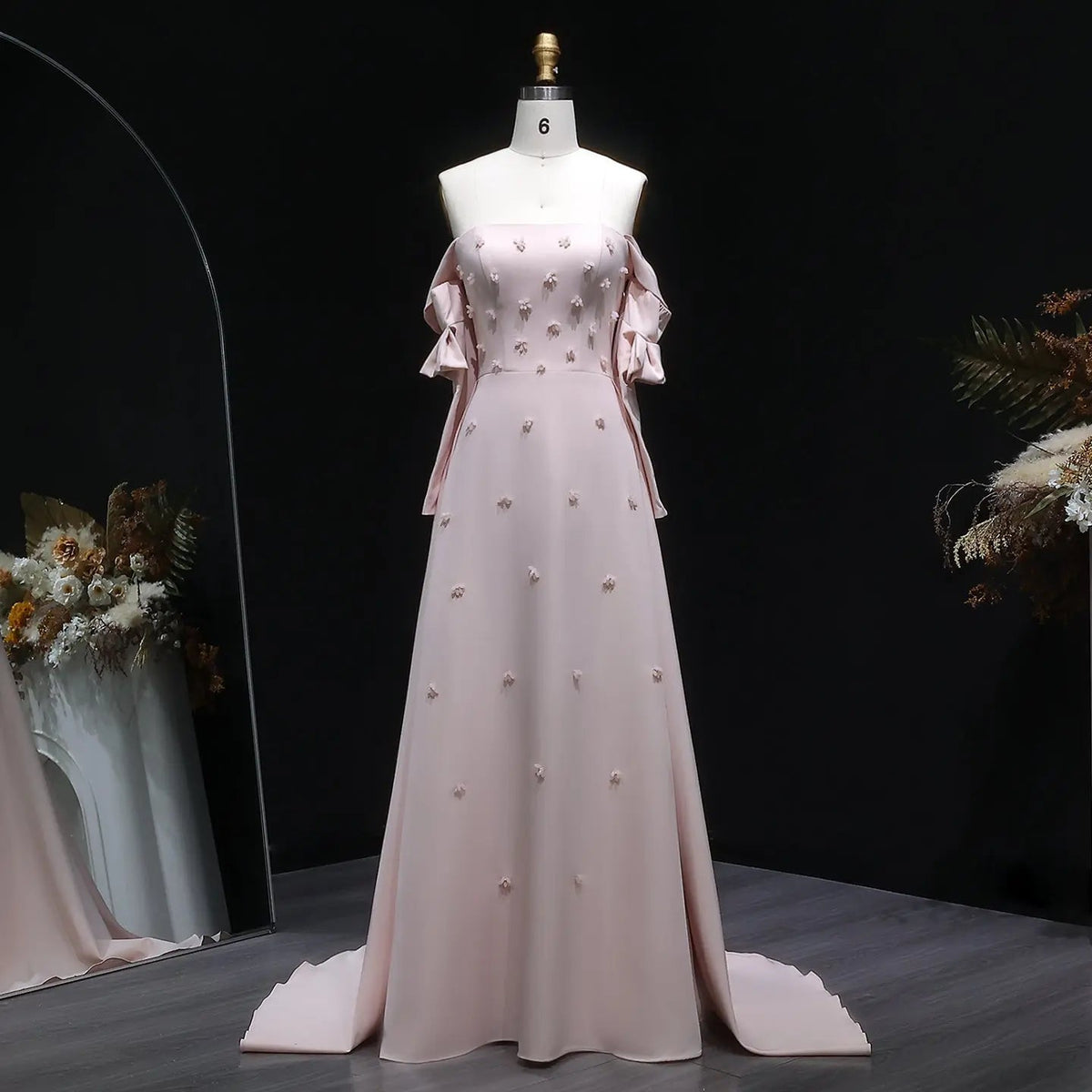 Elegant Strapless 3D Floral Beaded Pink Evening Dress SS540