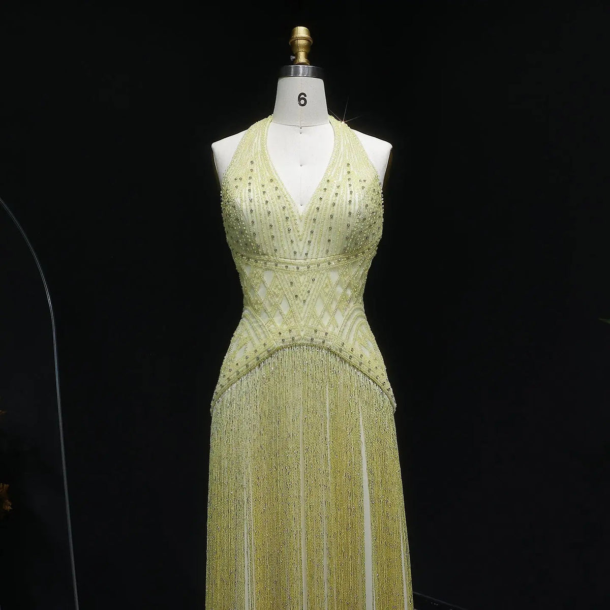 Exquisite Yellow Beaded Halter Neck Deep V Gala Evening Dress SS554