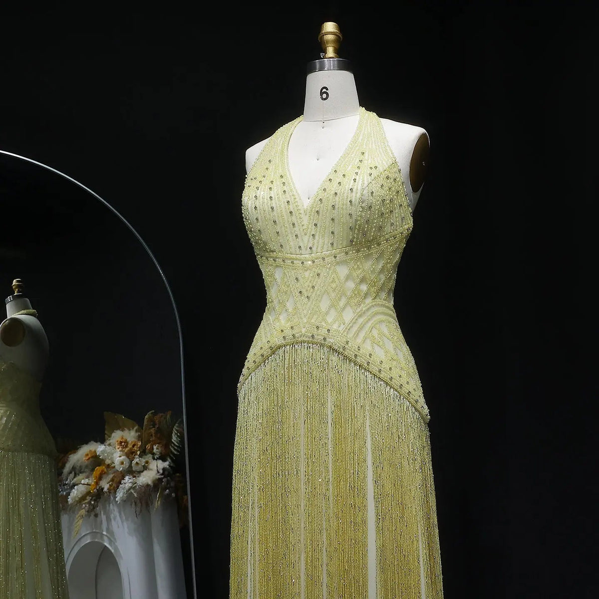 Exquisite Yellow Beaded Halter Neck Deep V Gala Evening Dress SS554