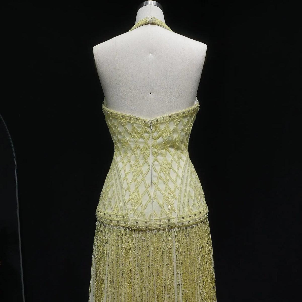 Exquisite Yellow Beaded Halter Neck Deep V Gala Evening Dress SS554