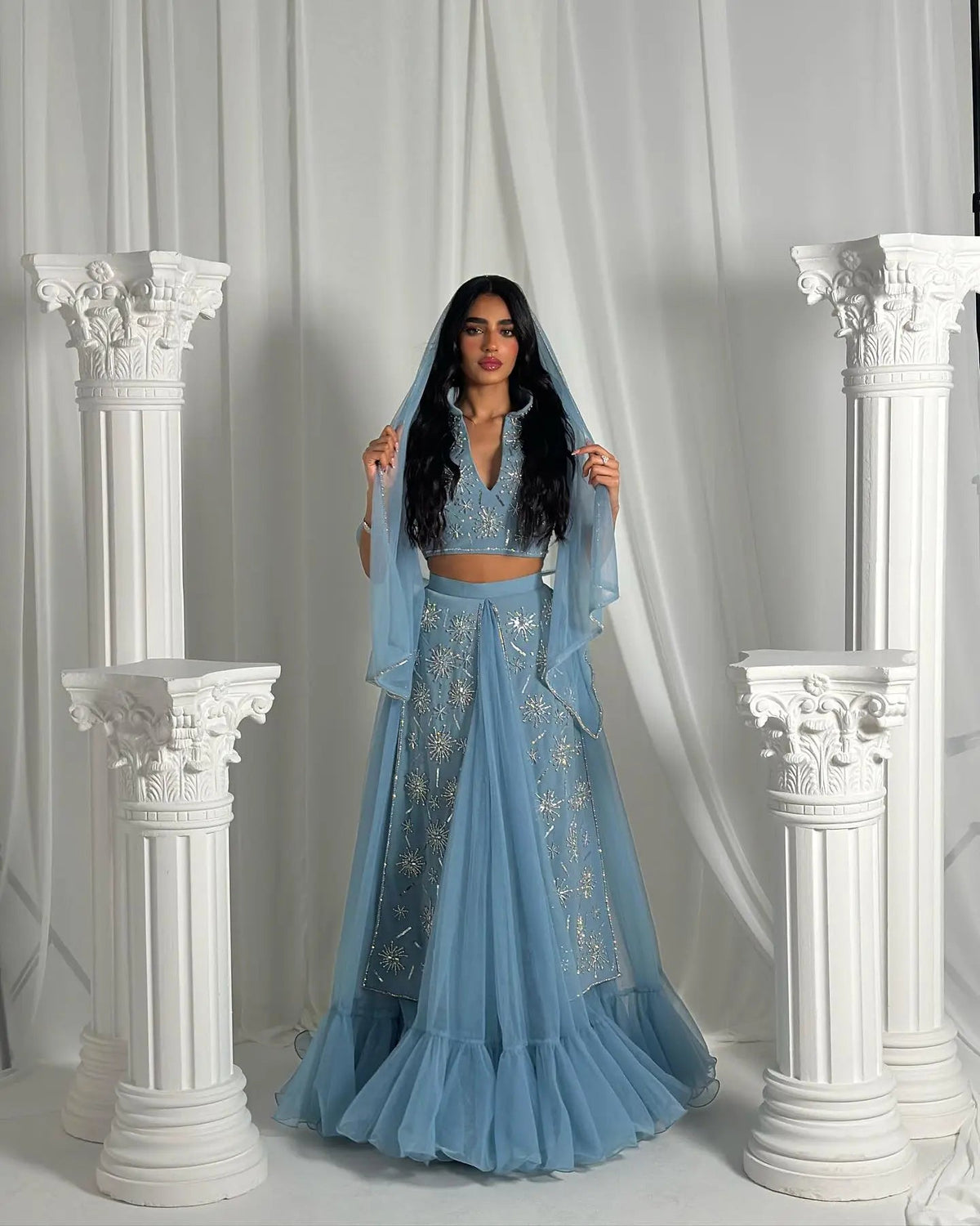 Luxury Blue Beaded 2 pieces Evening Dress with ruffles SS597