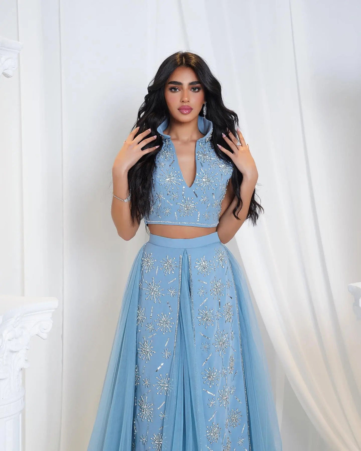 Luxury Blue Beaded 2 pieces Evening Dress with ruffles SS597