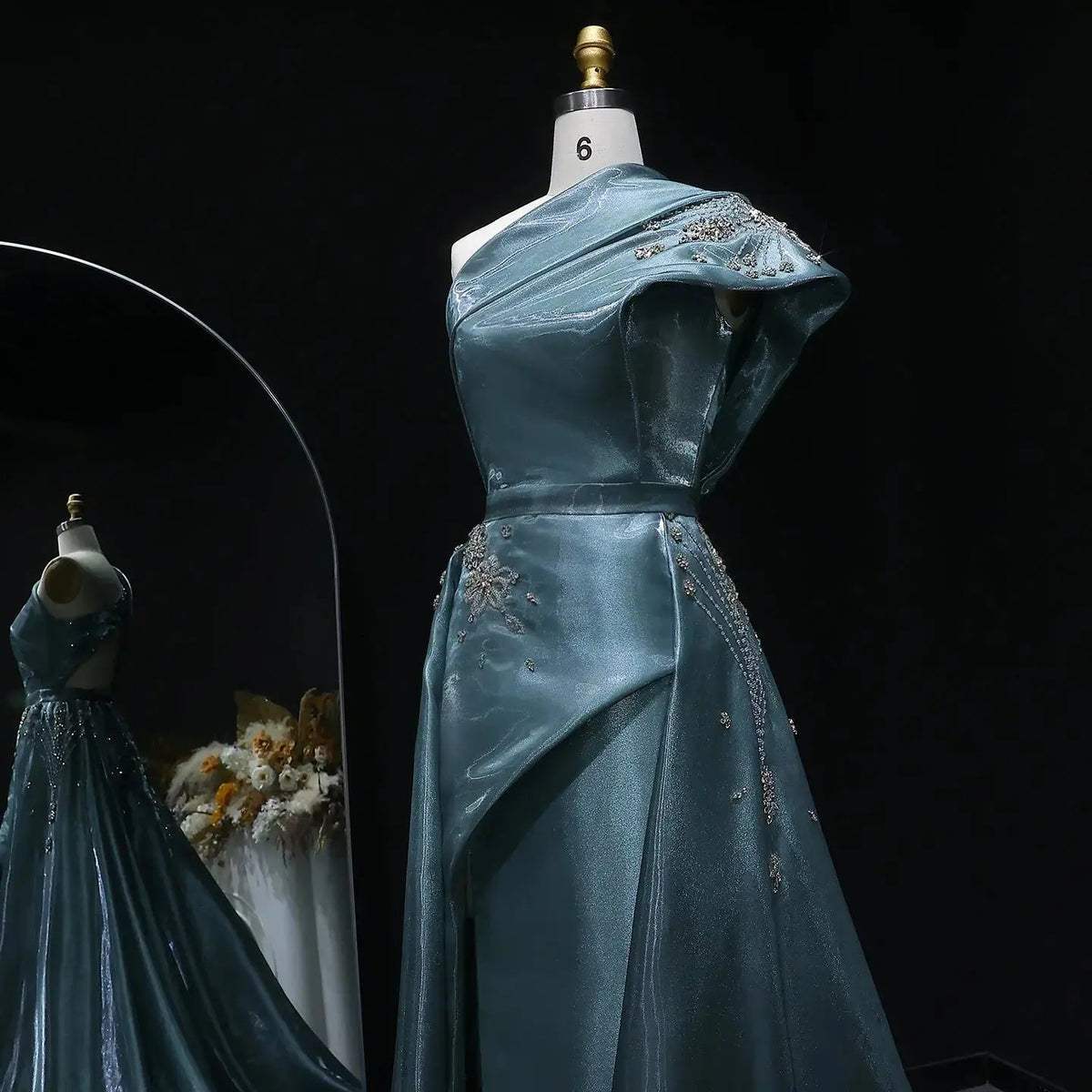 Glamorous Turquoise One-Shoulder Crystal Evening Dress with Overskirt SS600