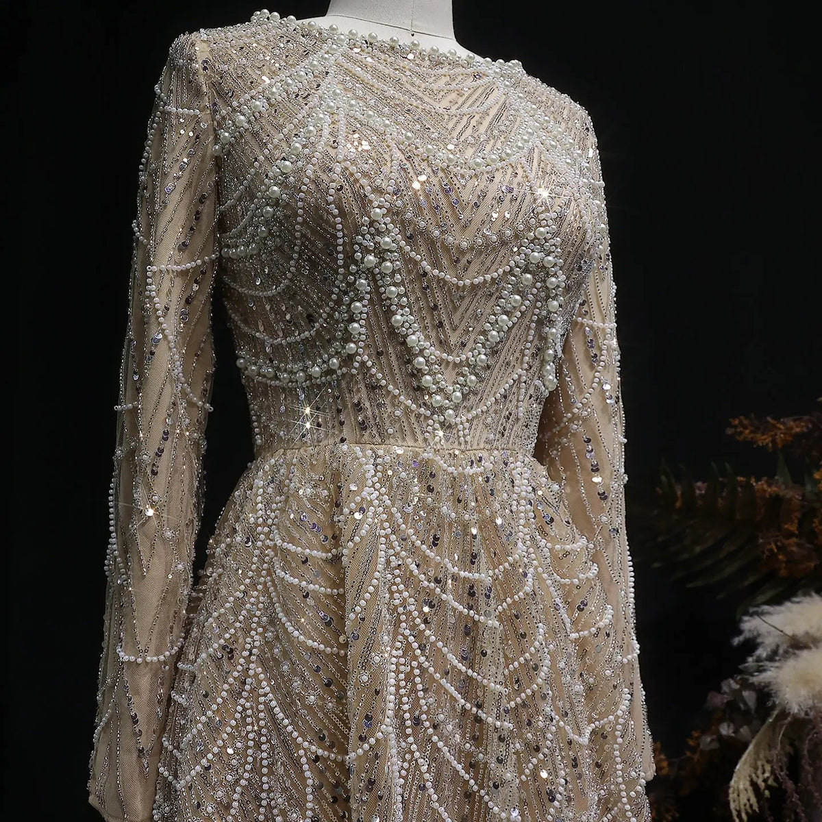 Luxury Green Sequin Beaded Shiny Long Sleeve Evening Dress SS625