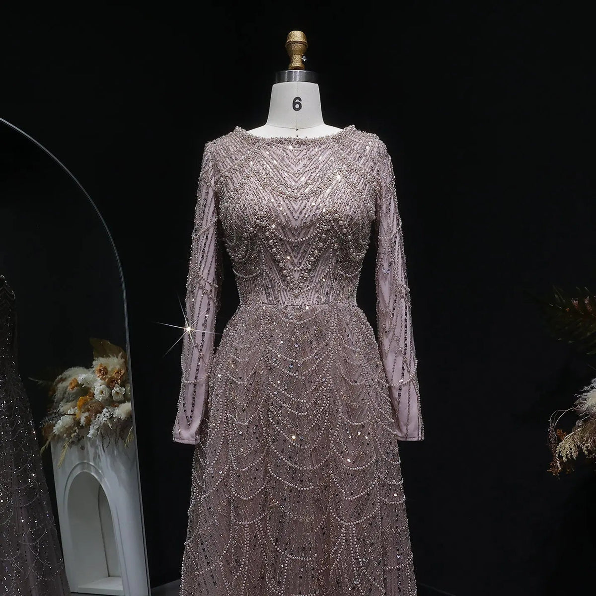 Luxury Green Sequin Beaded Shiny Long Sleeve Evening Dress SS625