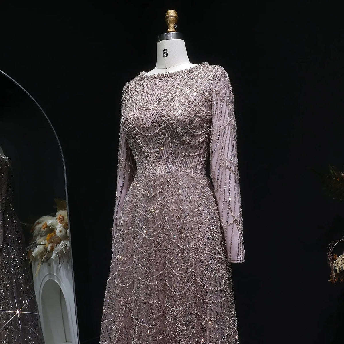 Luxury Green Sequin Beaded Shiny Long Sleeve Evening Dress SS625