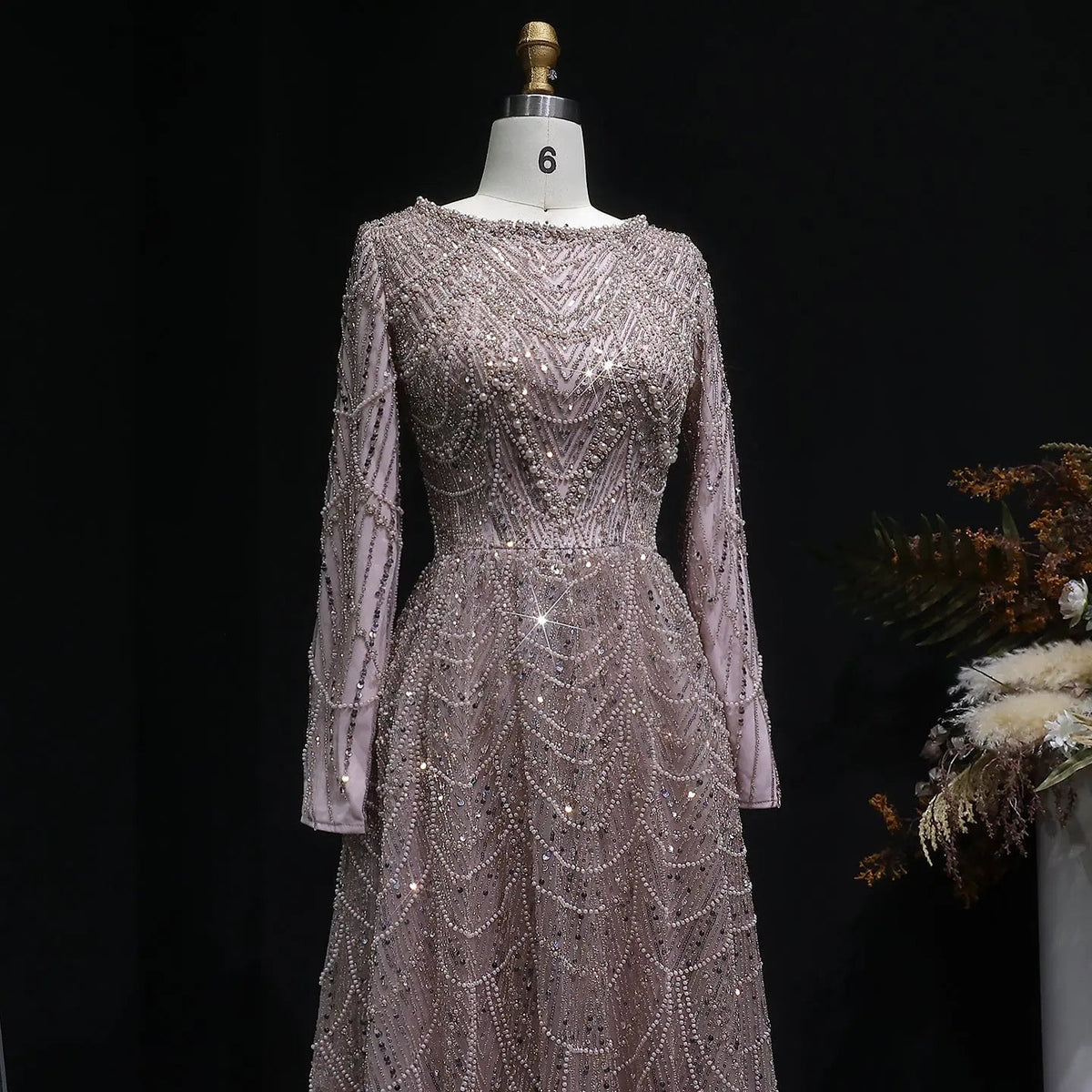 Luxury Green Sequin Beaded Shiny Long Sleeve Evening Dress SS625