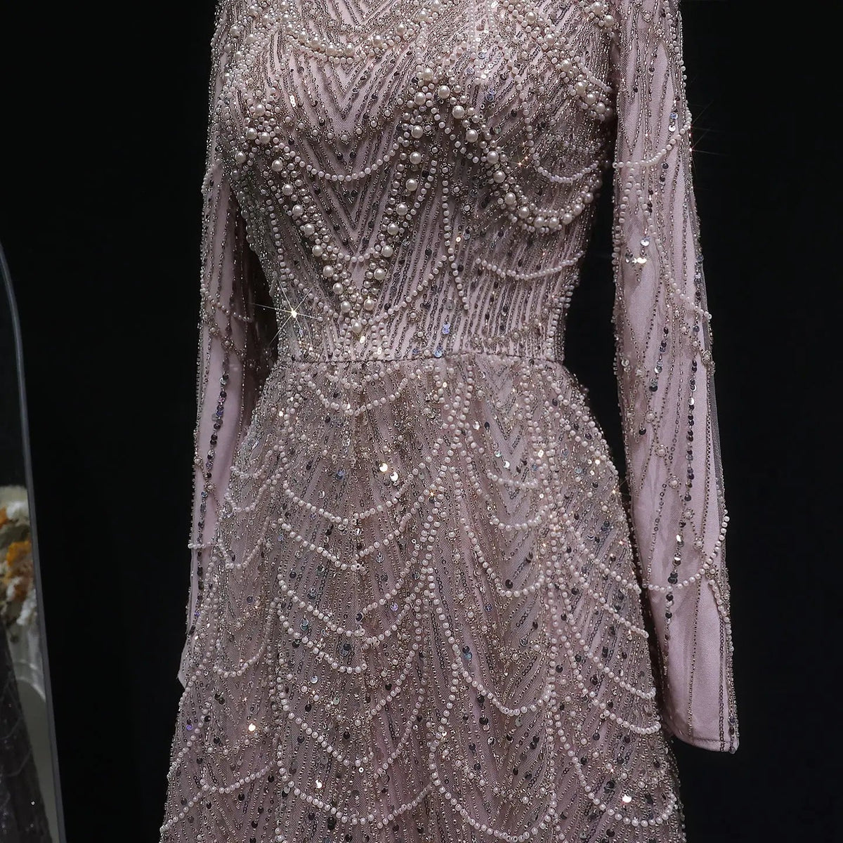 Luxury Green Sequin Beaded Shiny Long Sleeve Evening Dress SS625