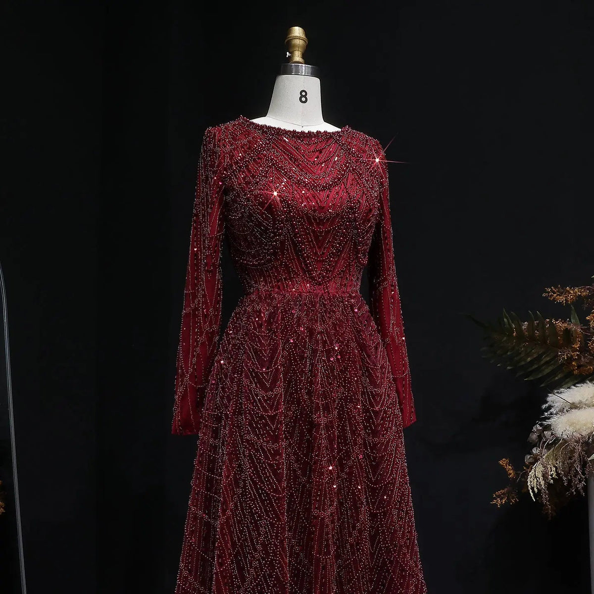Luxury Green Sequin Beaded Shiny Long Sleeve Evening Dress SS625
