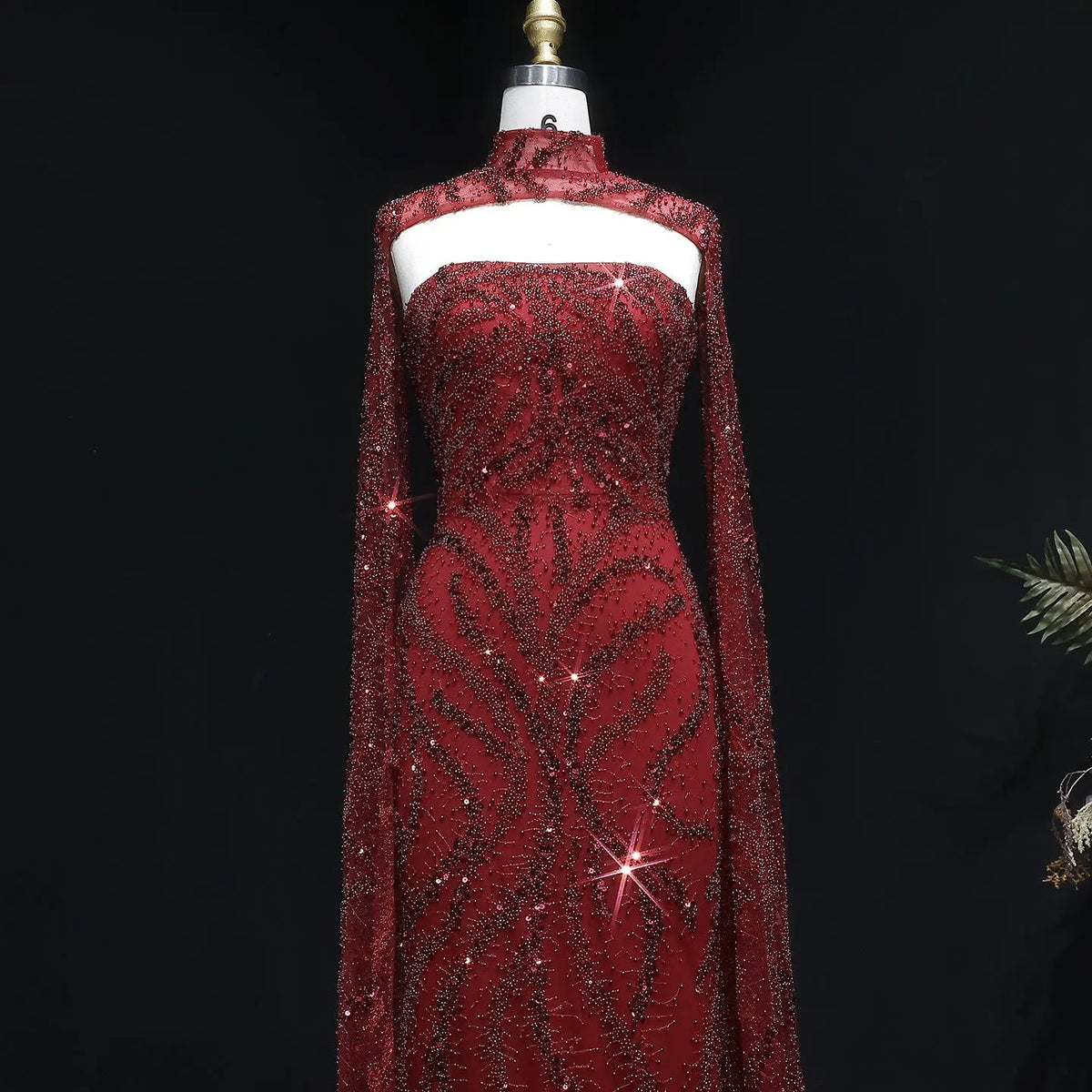Luxury Beaded Red Mermaid Evening Dress with Cape Sleeves SS663