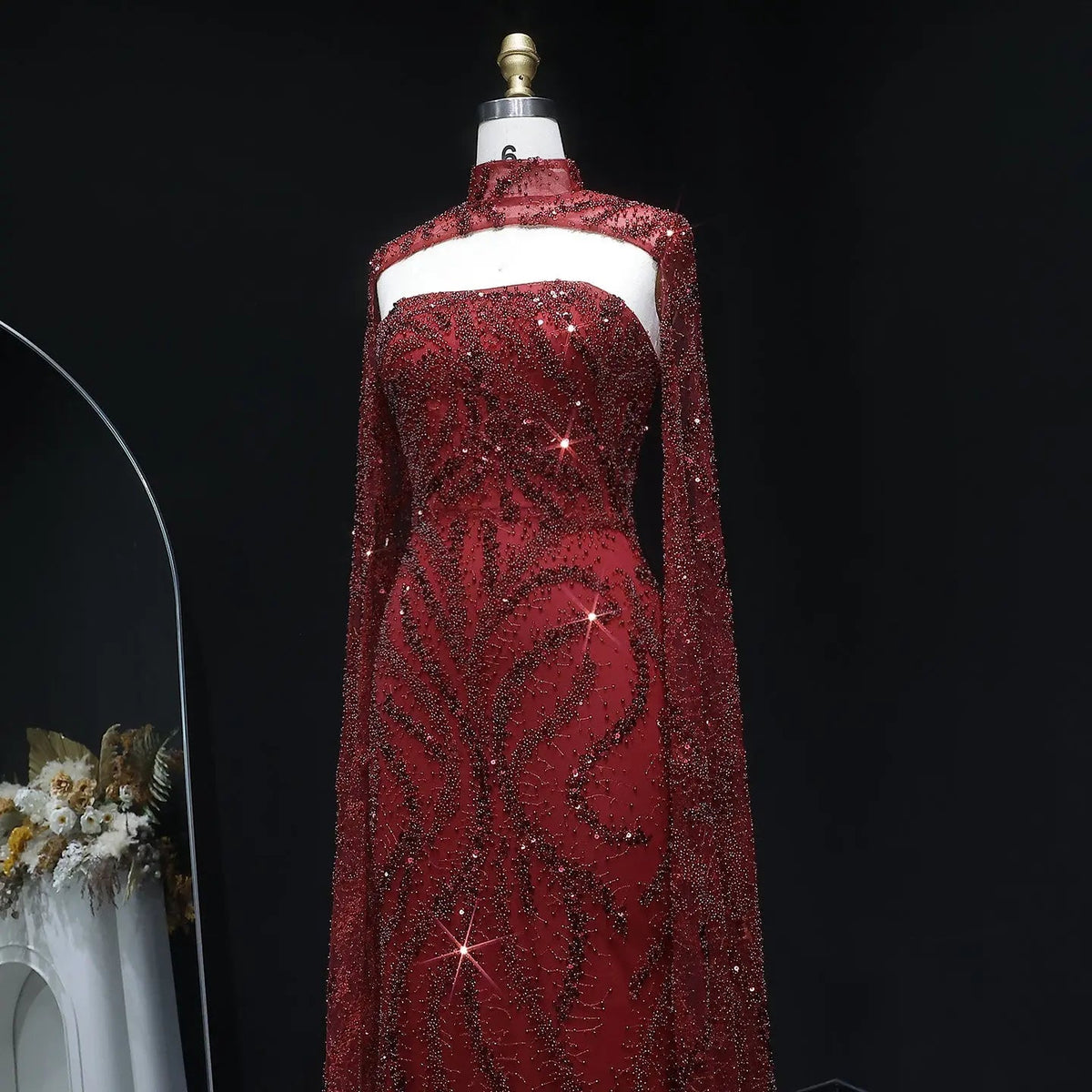 Luxury Beaded Red Mermaid Evening Dress with Cape Sleeves SS663