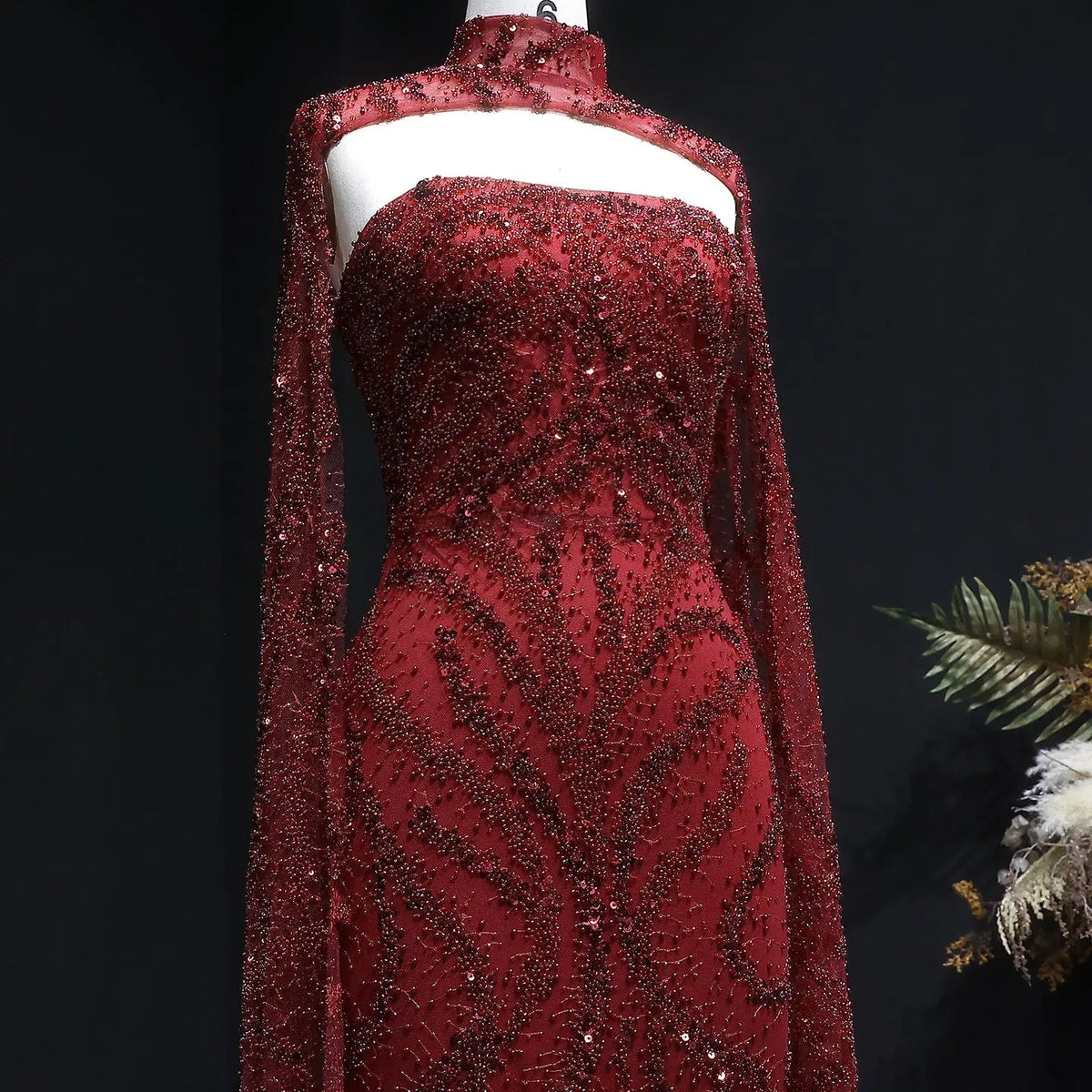 Luxury Beaded Red Mermaid Evening Dress with Cape Sleeves SS663