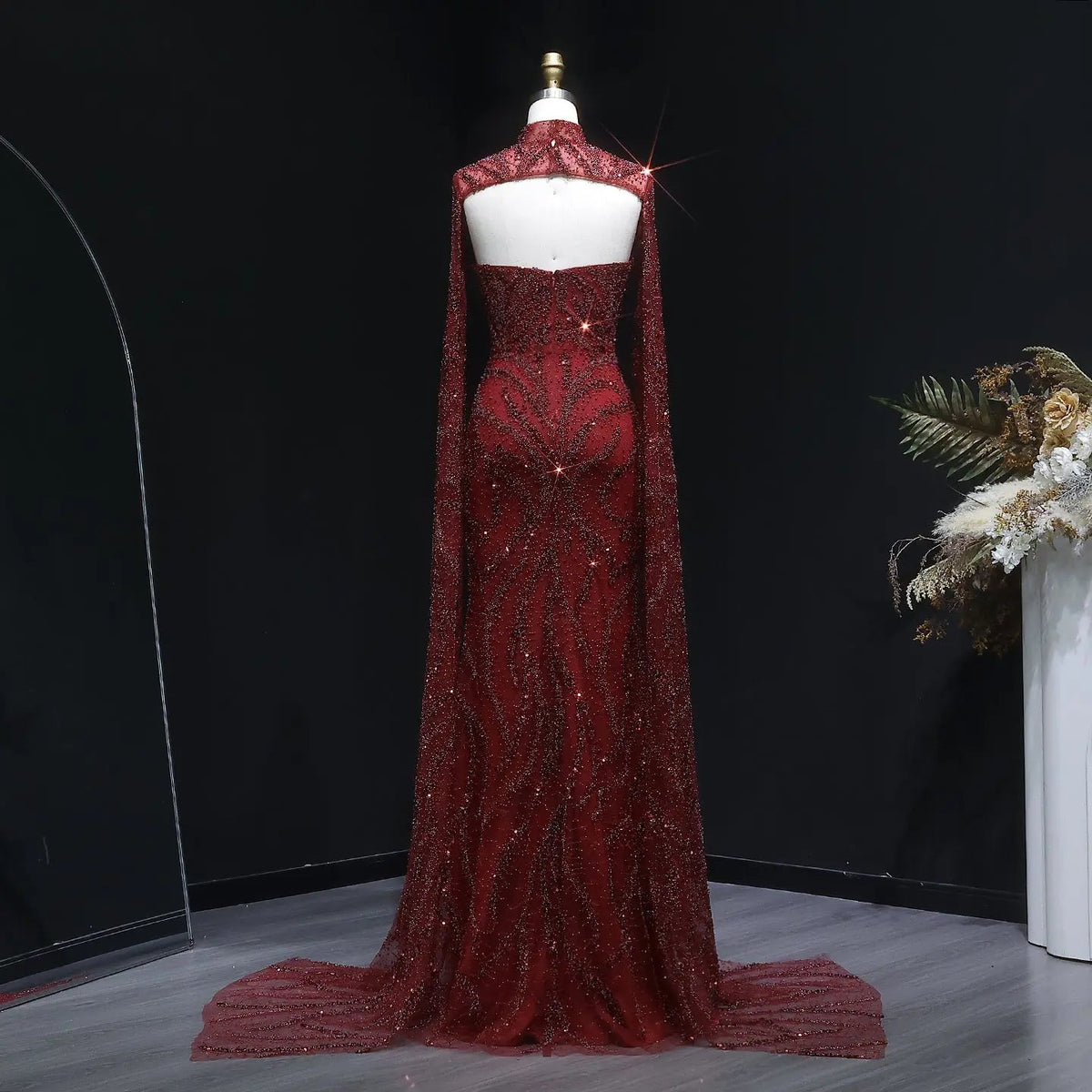 Luxury Beaded Red Mermaid Evening Dress with Cape Sleeves SS663