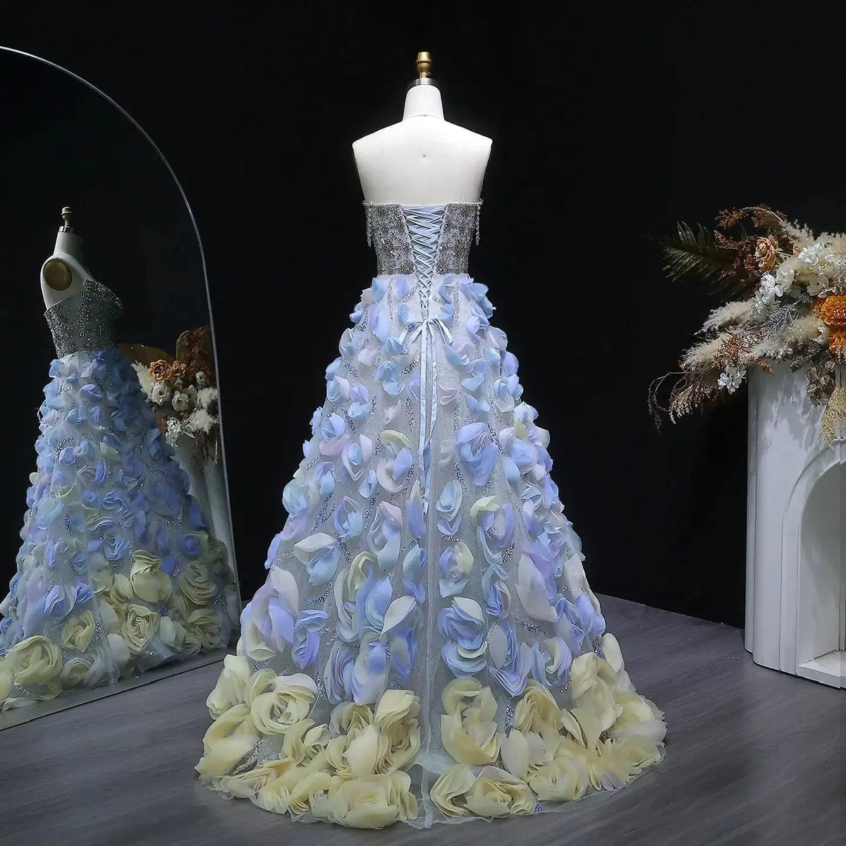 Luxury 3D Floral Strapless Beaded Evening Dress SS728