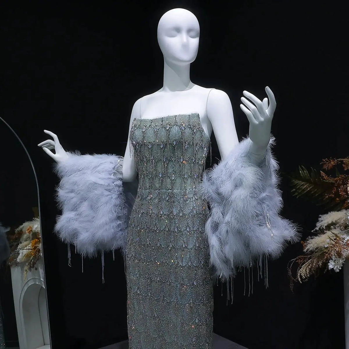 Luxury Silver Gray Beaded Feather Sleeve Fitted Long Evening Dress with Cape SS729
