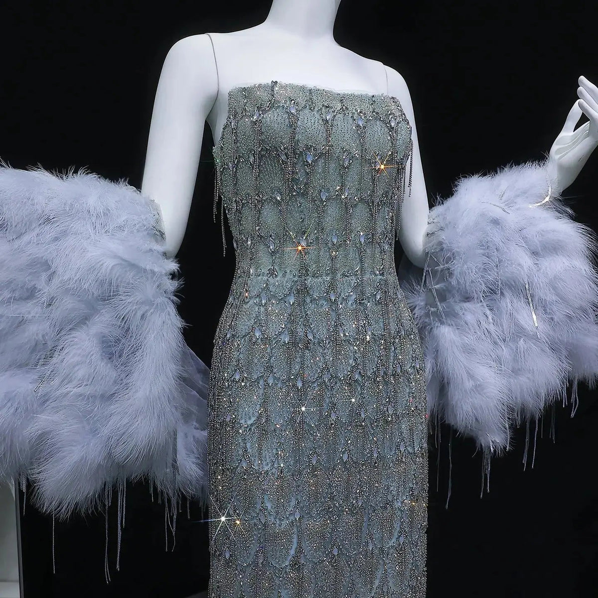 Luxury Silver Gray Beaded Feather Sleeve Fitted Long Evening Dress with Cape SS729