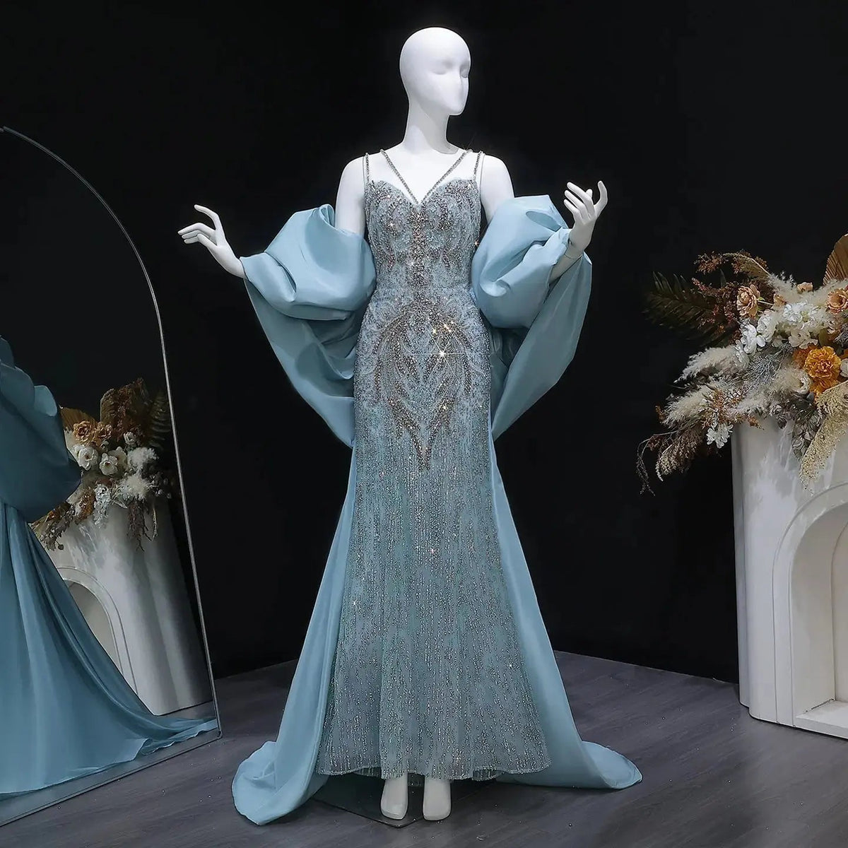 Luxury Blue Beaded Big Cape Mermaid Fitted Evening Dress with Overskirt SS730