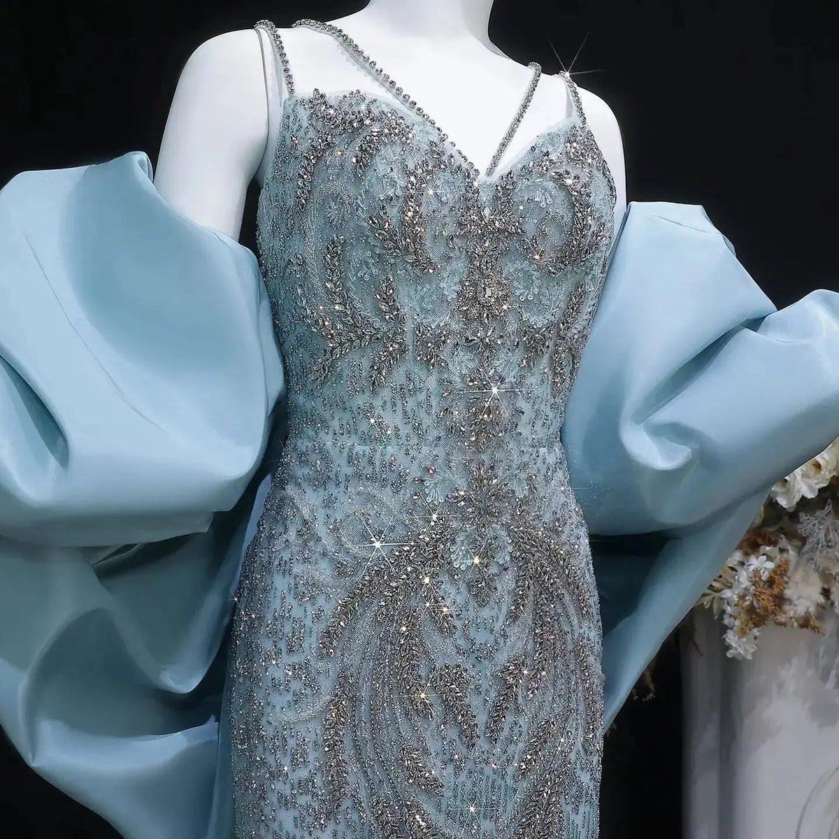 Luxury Blue Beaded Big Cape Mermaid Fitted Evening Dress with Overskirt SS730