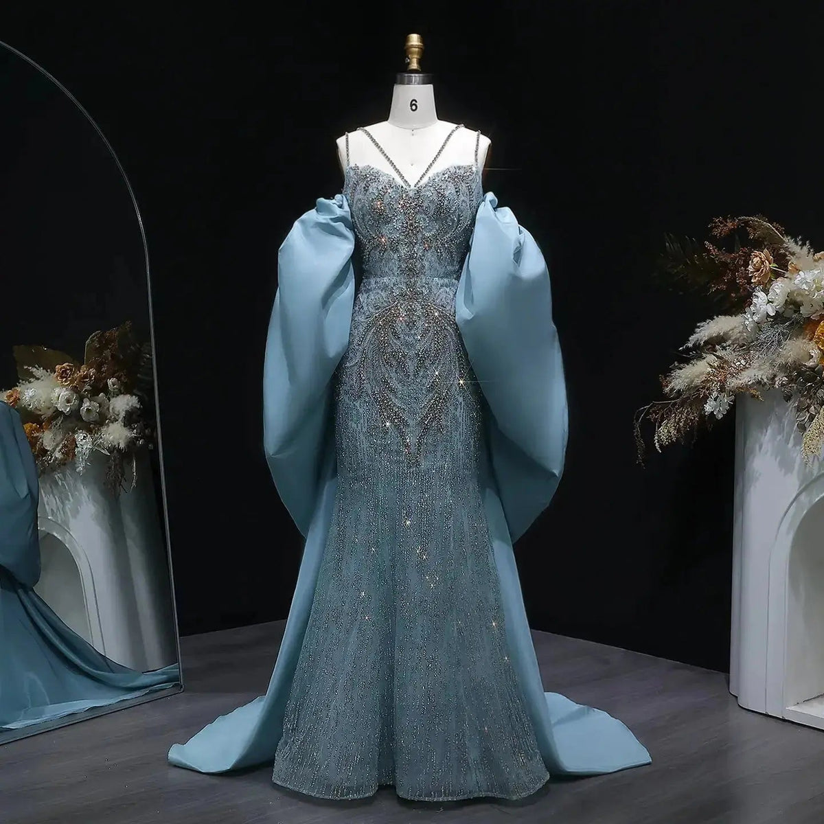 Luxury Blue Beaded Big Cape Mermaid Fitted Evening Dress with Overskirt SS730