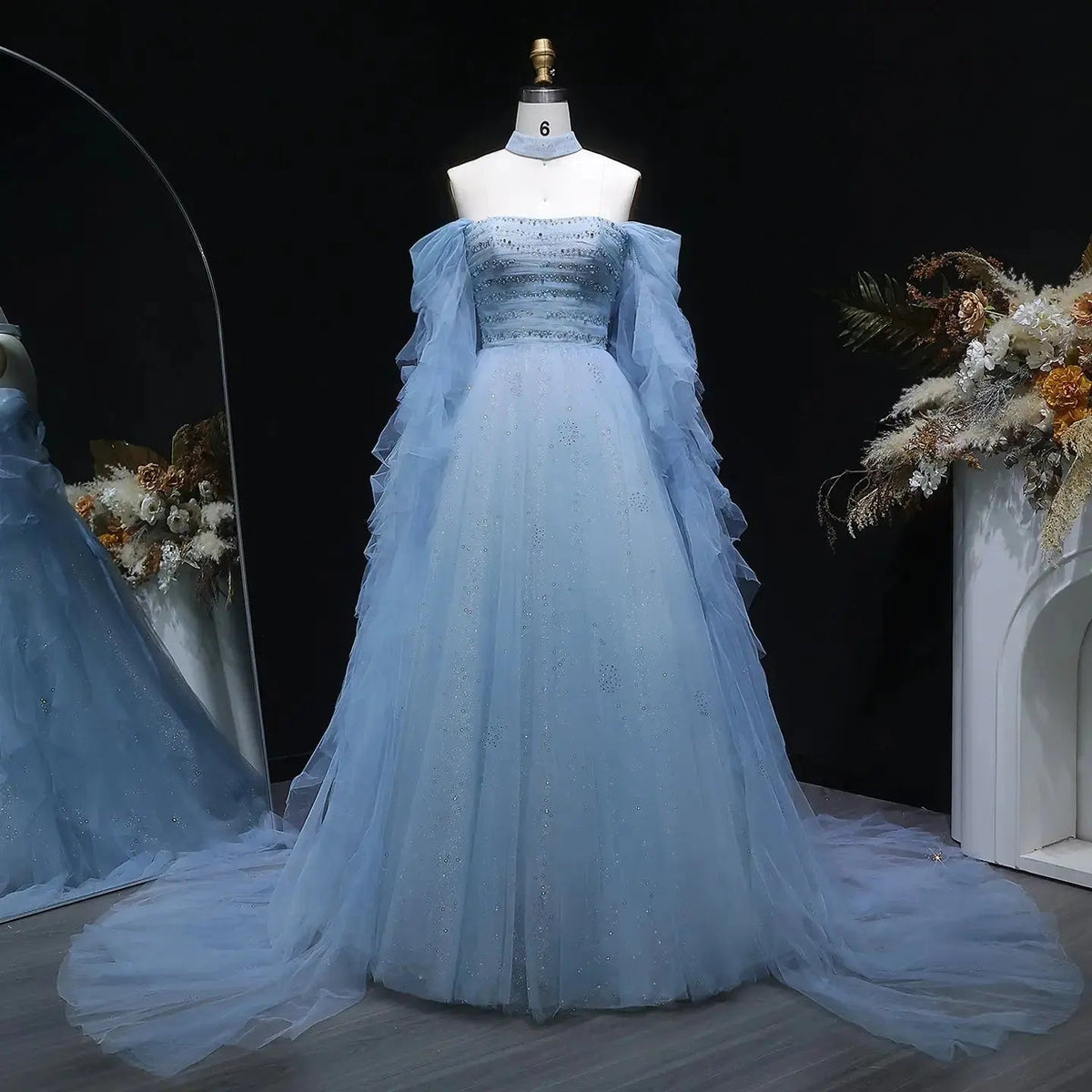 Luxury Blue Flowy Cape Beaded Waist Ball Gown Evening Dress SS737