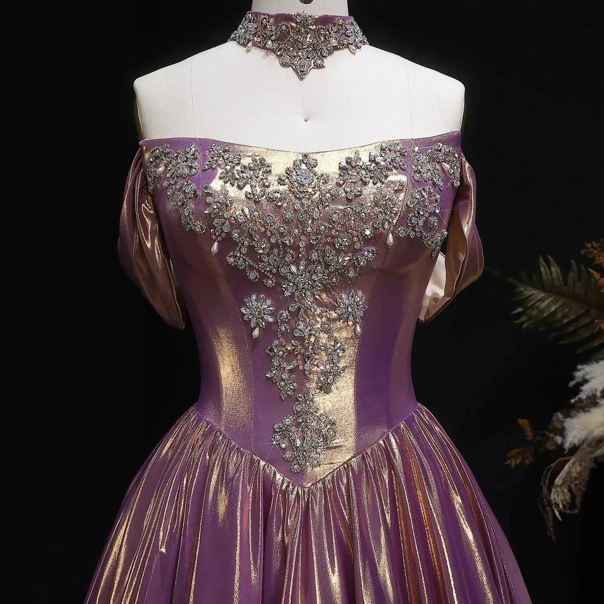 Luxury Rose Gold Gradient Satin Ball Gown Evening Dress with Necklace SS743