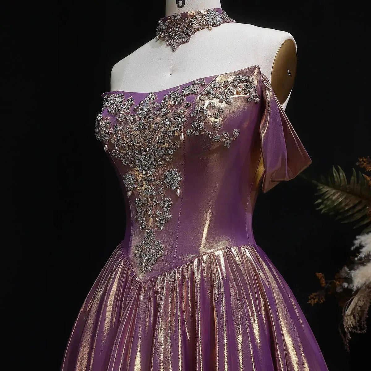 Luxury Rose Gold Gradient Satin Ball Gown Evening Dress with Necklace SS743