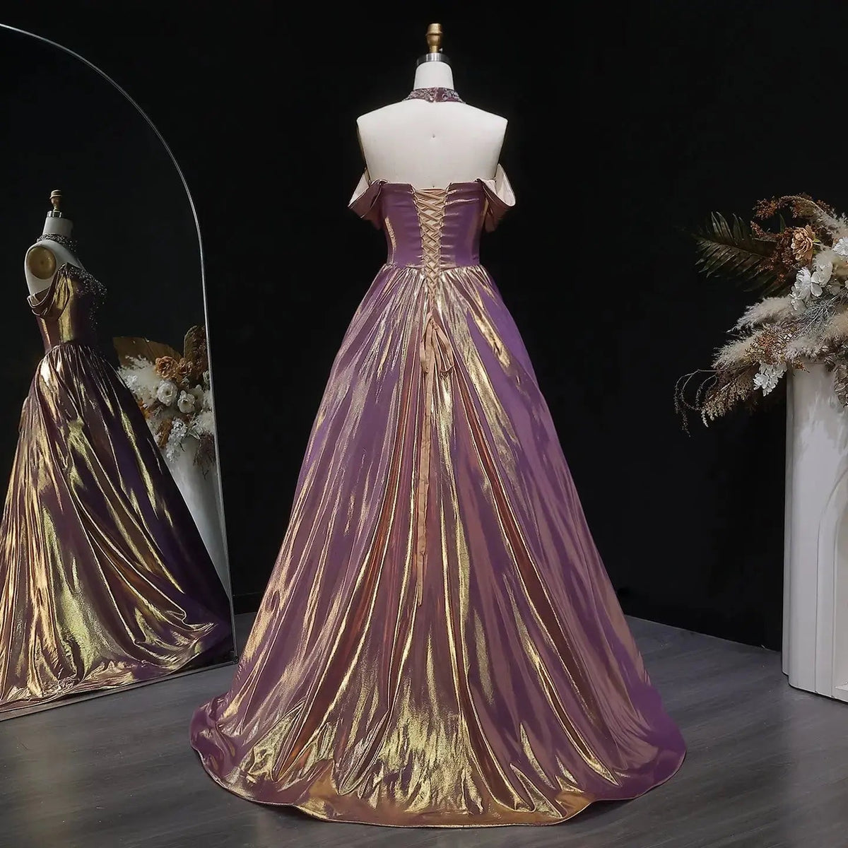 Luxury Rose Gold Gradient Satin Ball Gown Evening Dress with Necklace SS743