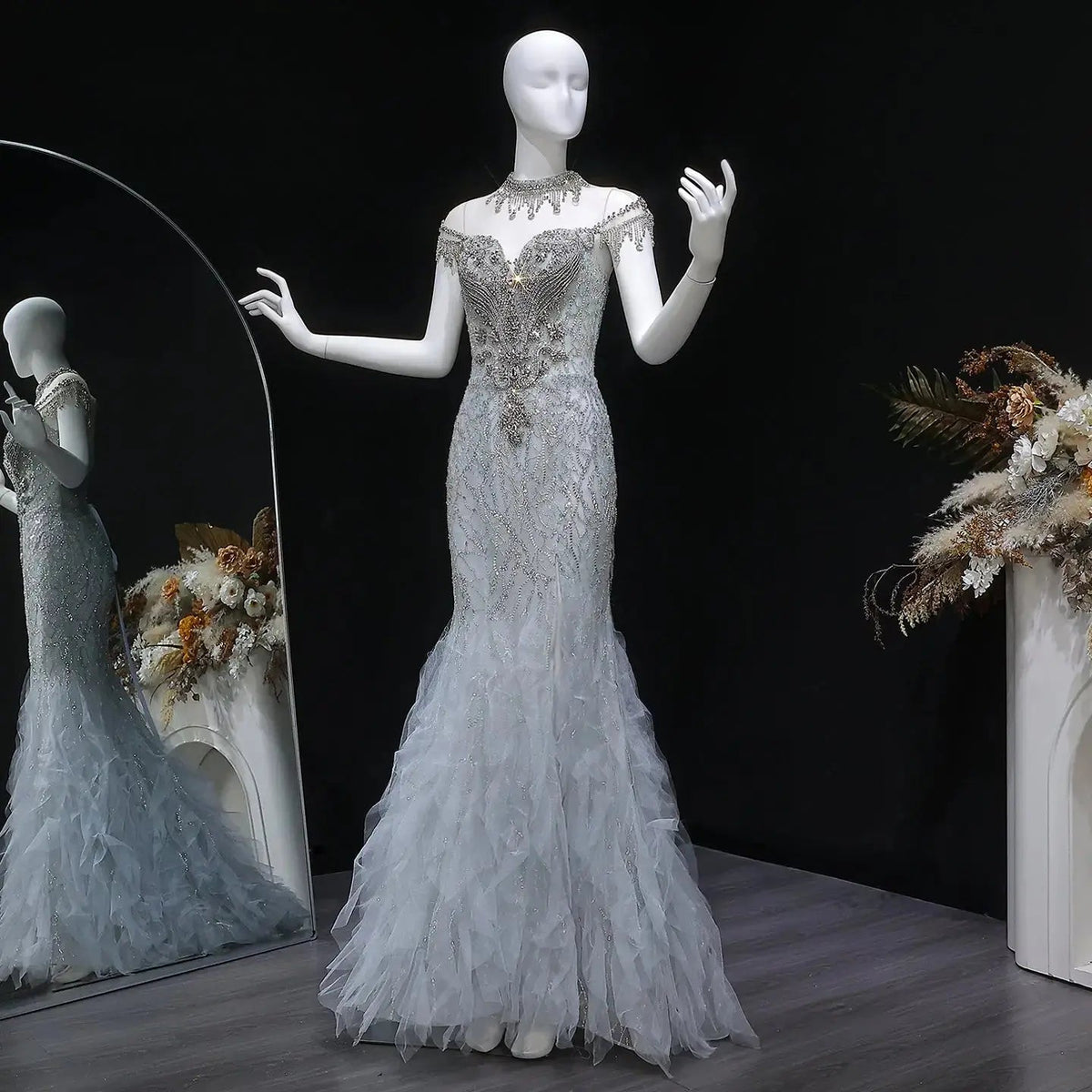 Luxury Silver Gray Beaded Tulle Mermaid Train Evening Dress SS746