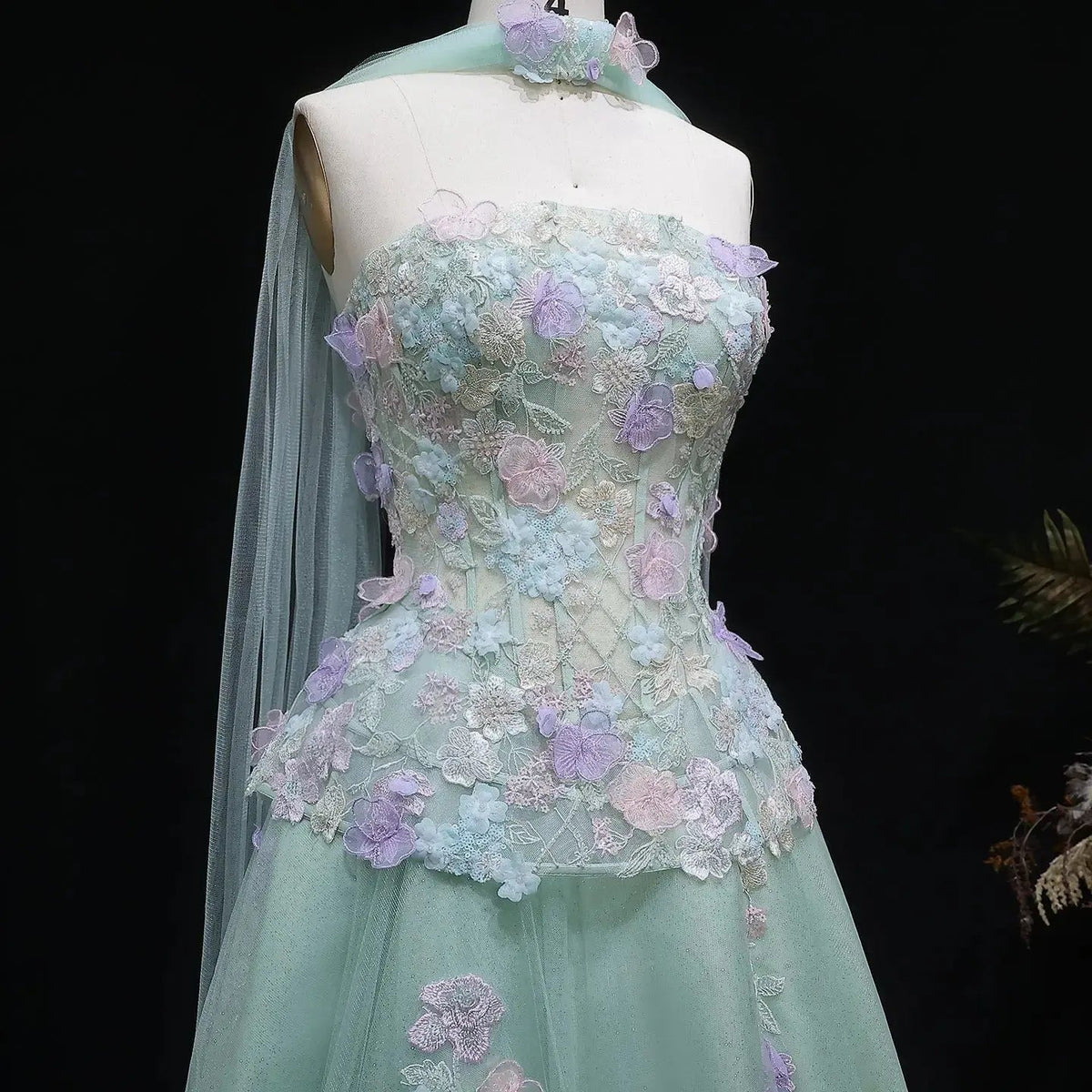 Luxury Sage Green Floral Applique Evening Dress with Scarf SS755