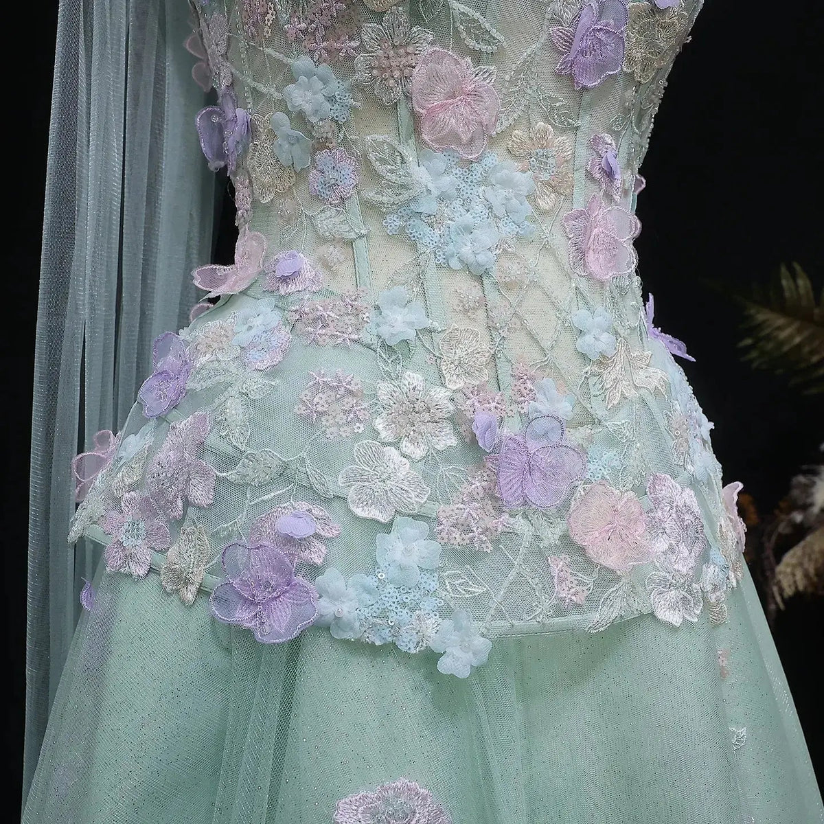 Luxury Sage Green Floral Applique Evening Dress with Scarf SS755