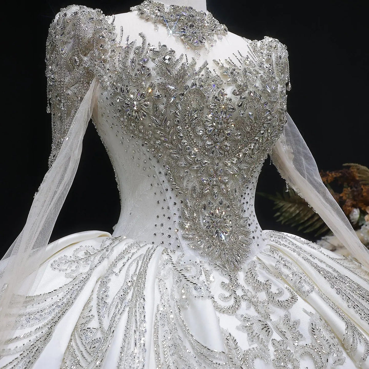 Luxury Long Sleeve Ivory Wedding Dress with Crystal Embroidered Details SW602