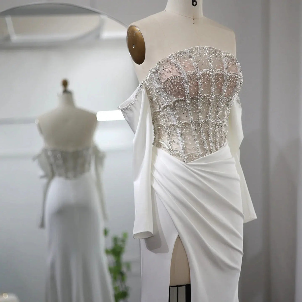 Luxury White Scalloped Evening Dress with High Slit SS416