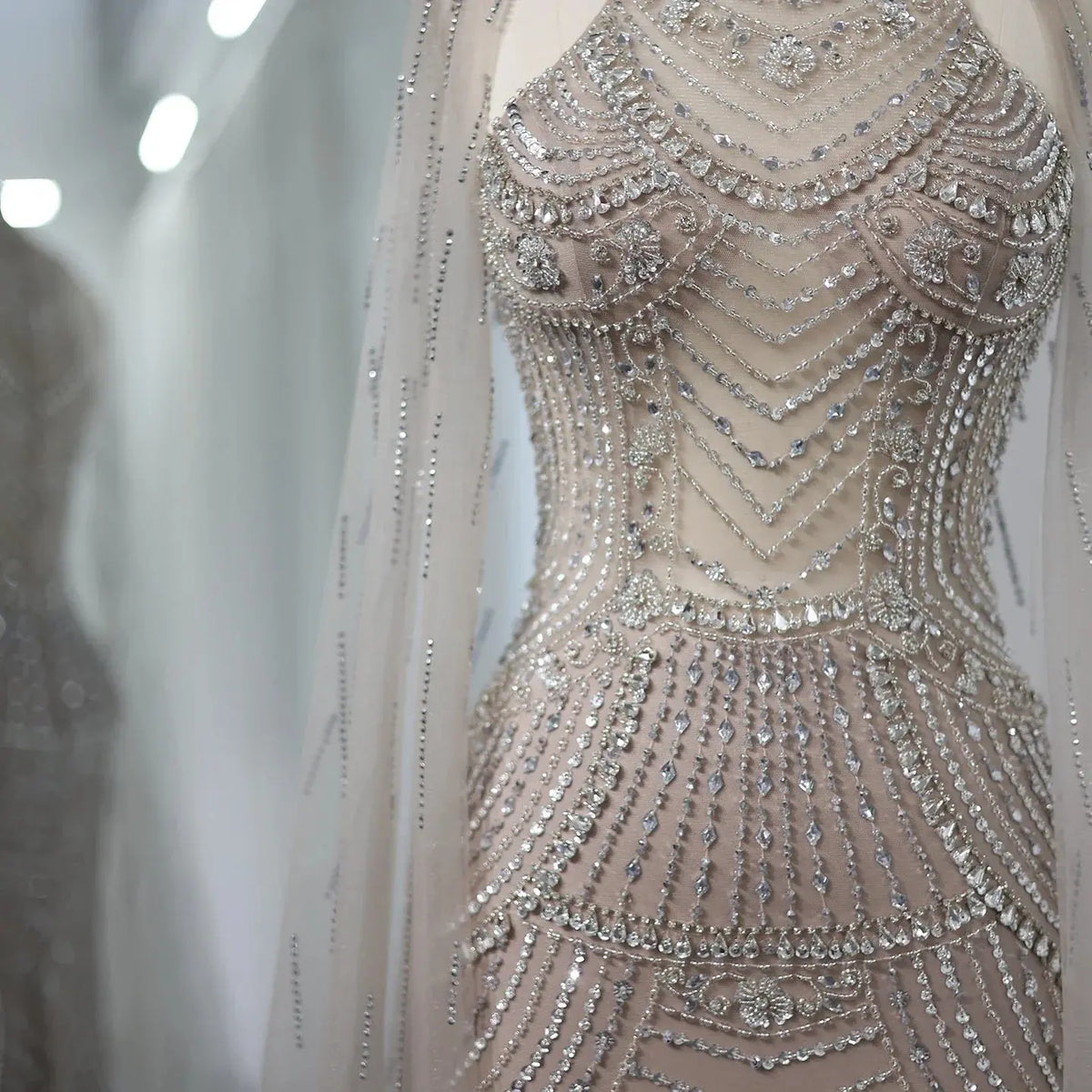Luxury Champagne Evening Dress with Cape Sleeves SS077