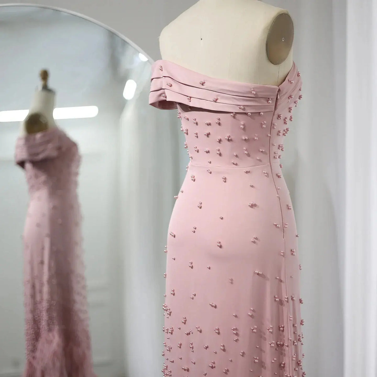 Luxury Feathers Pink Off Shoulder Evening Dress SS388
