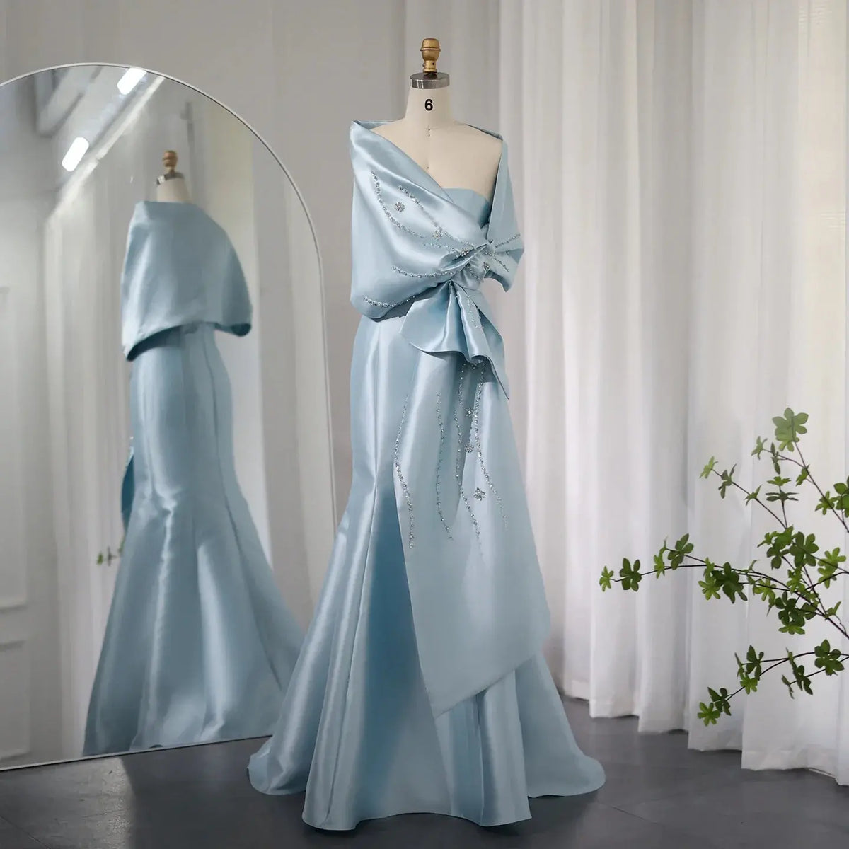 Luxury Blue Mermaid Evening Dress with Beaded Cape Shawl SS333