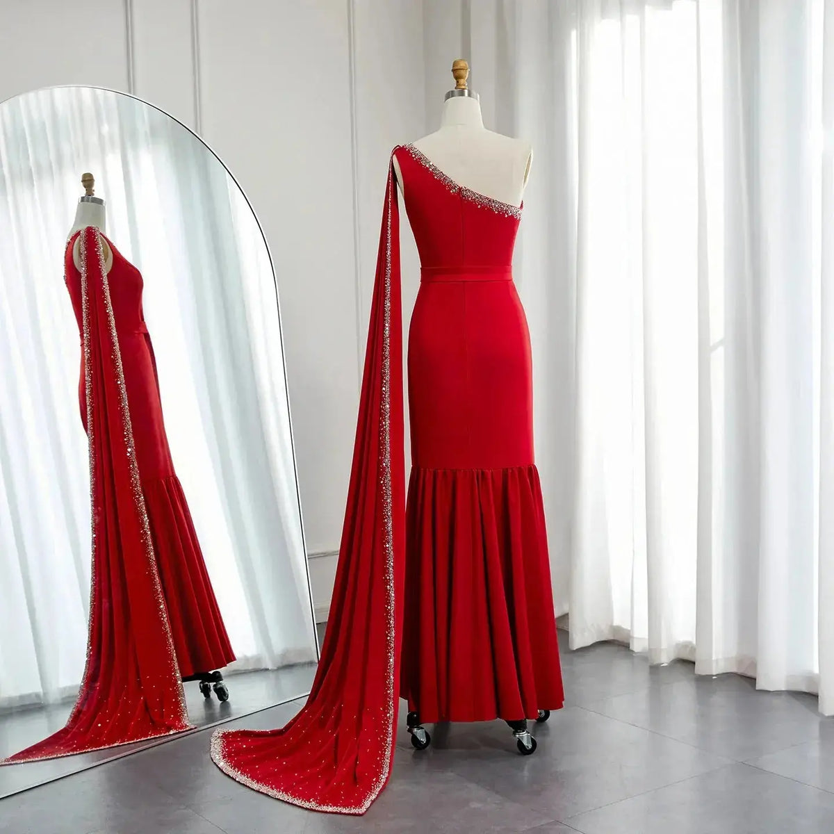 Red One-Shoulder Mermaid Evening Dress with Cape Sleeve SS384