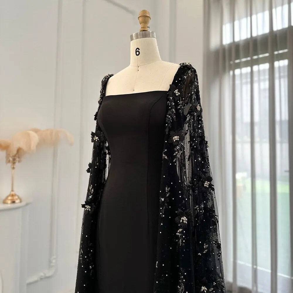 Luxury 3D Flowers Black Evening Dress with Cape Sleeves SS479