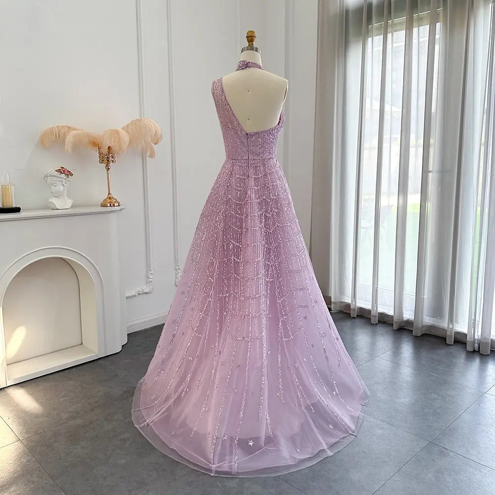 Luxury Beaded Lilac Halter One Shoulder Evening Dress SS329