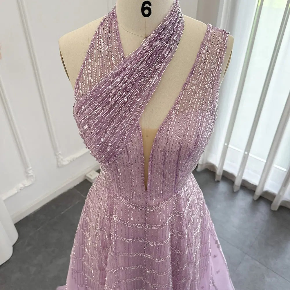 Luxury Beaded Lilac Halter One Shoulder Evening Dress SS329