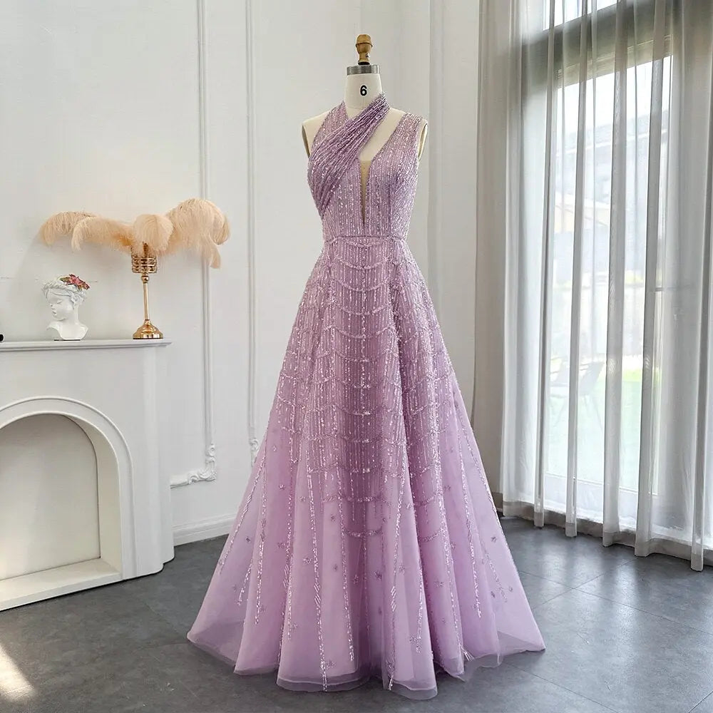 Luxury Beaded Lilac Halter One Shoulder Evening Dress SS329