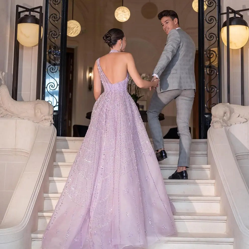 Luxury Beaded Lilac Halter One Shoulder Evening Dress SS329