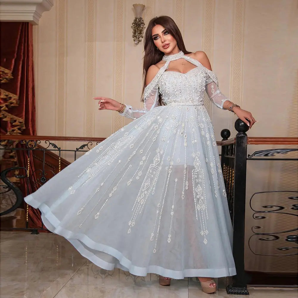Luxury Blue Off Shoulder Halter Evening Dress SS418