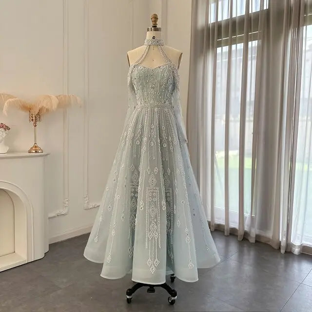 Luxury Blue Off Shoulder Halter Evening Dress SS418