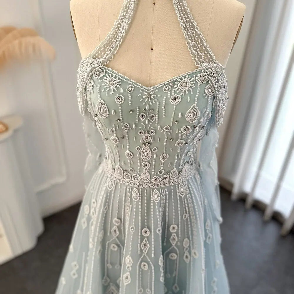 Luxury Blue Off Shoulder Halter Evening Dress SS418