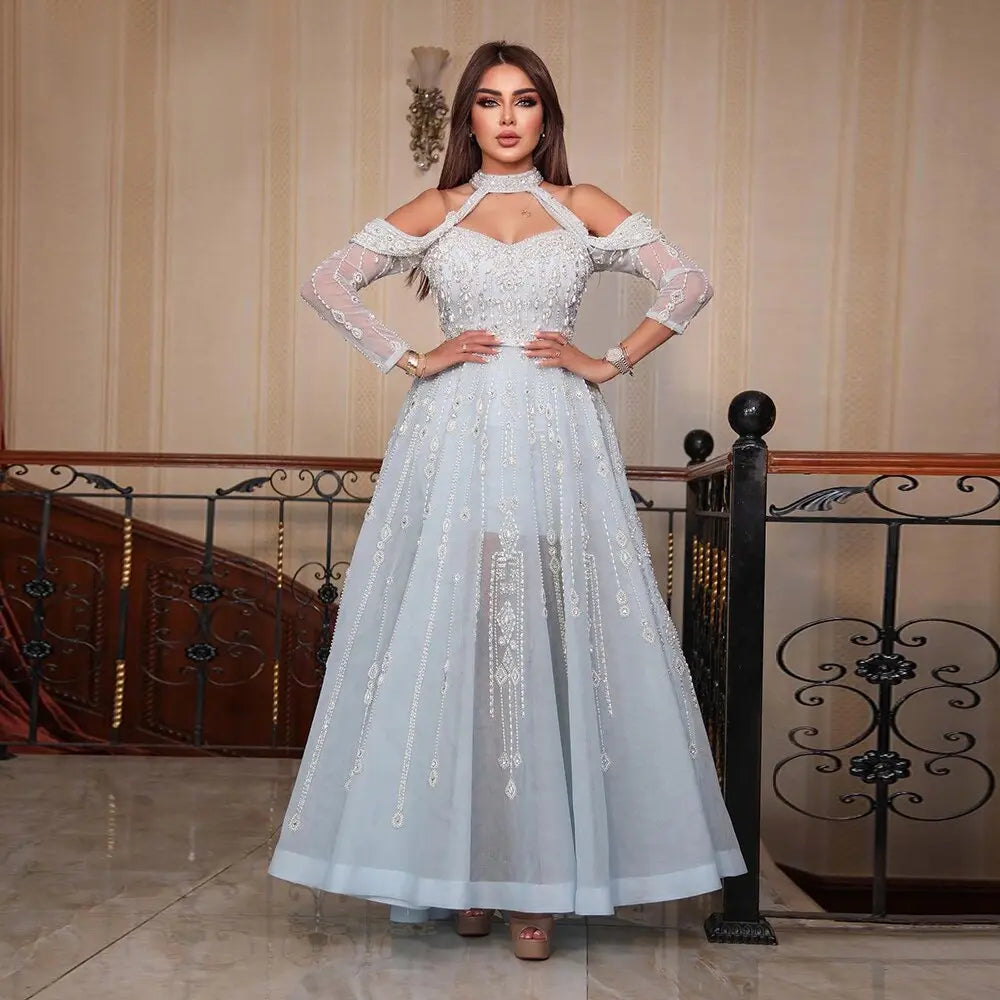 Luxury Blue Off Shoulder Halter Evening Dress SS418