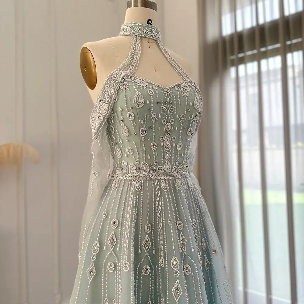 Luxury Blue Off Shoulder Halter Evening Dress SS418