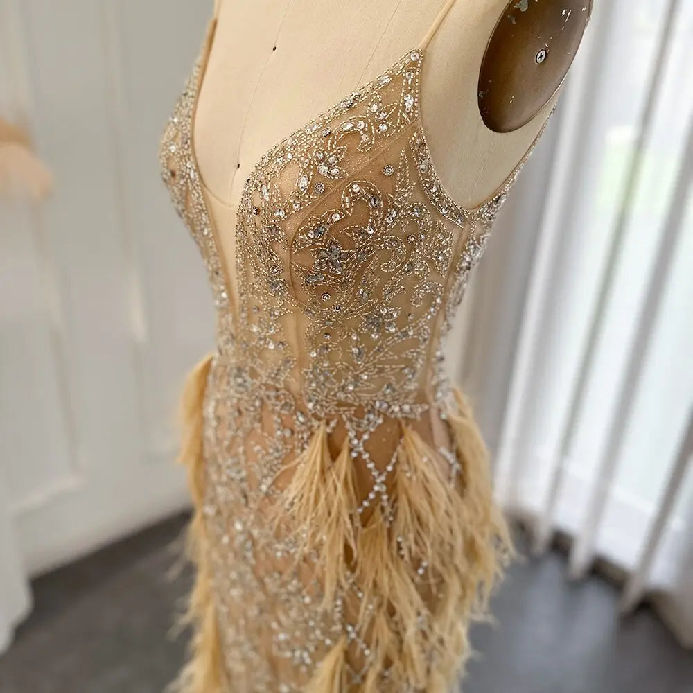 Luxury Feathers Champagne Spaghetti Evening Dress SS374