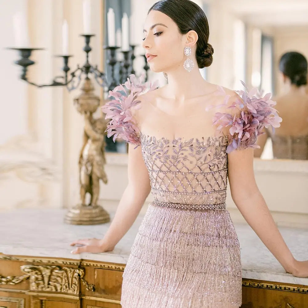 Luxury Feathers Tassel Lilac Evening Dress SS379
